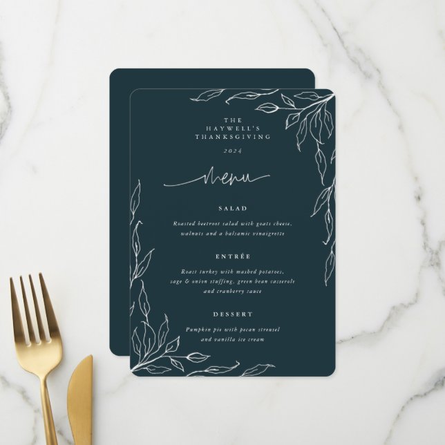 Menu Soirée Thanksgiving Motif Feuille Vert foncé (Devant/Arrière en situation)
