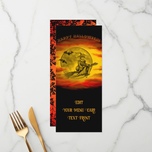 Menu Sorcière volante avec chat noir, nuit halloween (Devant/Arrière en situation)