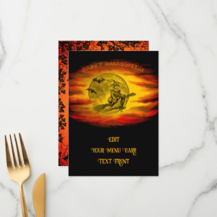 Menu Sorcière volante avec chat noir, nuit halloween