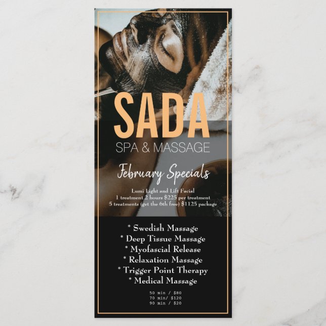 Menu spa Salon Massage Tarifs (Devant)