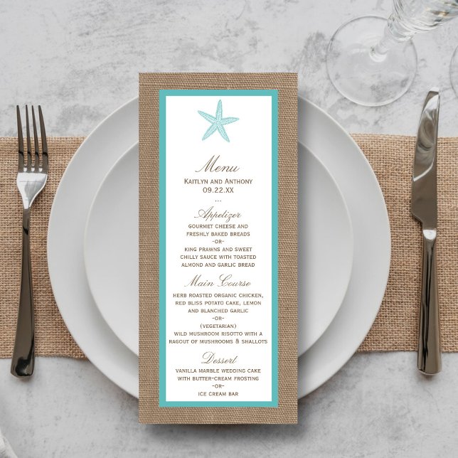 Menu Starfish Turquoise Burlap Beach Wedding Collection (Créateur téléchargé)