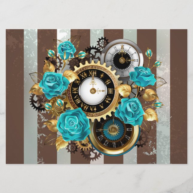 Menu Steampunk Clock and Turquoise Roses on Striped (Devant)