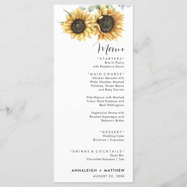 Menu Sunflower Eucalyptus Mariage moderne (Devant)
