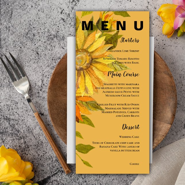 Menu Sunflower jaune Jolie fête de mariage florale (Yellow Sunflower Pretty Floral Wedding Party Menu)