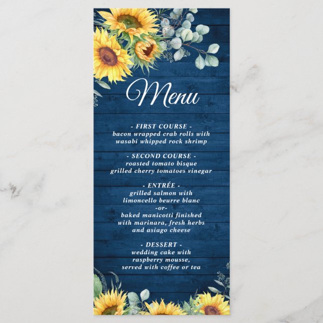 Menu Sunflowers Eucalyptus Rustique Mariage en bois ble (Devant)