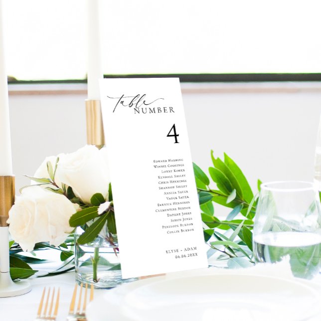 Menu Tableau de placement personnalisé Ellesmere Minima (Ellesmere Wedding Table Numbers with Guest Names Seating Chart Cards)
