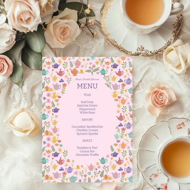 Menu Tea Party Fête des mariées jolie couleur PERSONNAL (Tea Party Bridal Shower Brunch Wedding Birthday Party Cute Colorful CUSTOM Menu
)