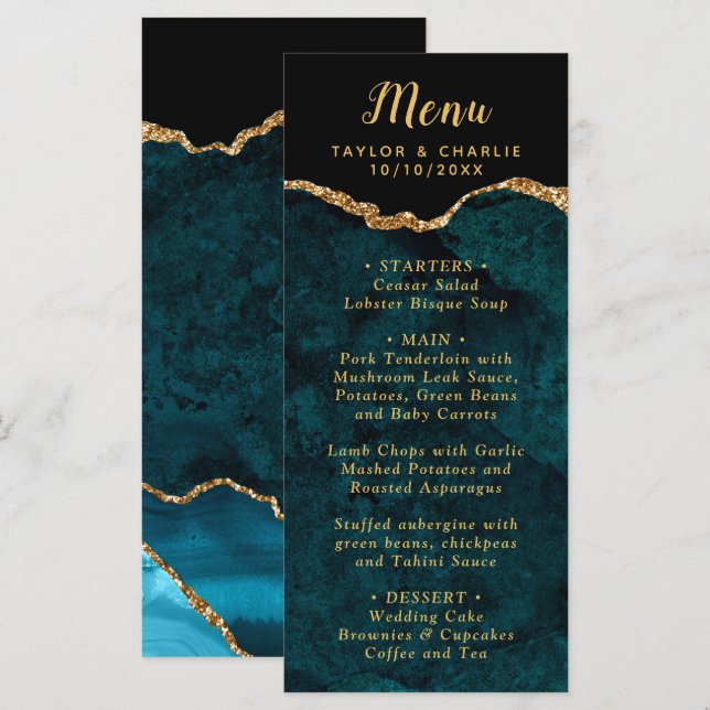 Menu Teal Blue and Gold Agate Marble Wedding (Devant / Derrière)