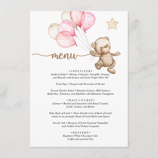 Menu Teddy Bear Baby Bear Baby shower (Devant)