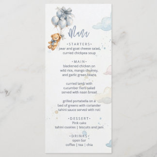 Menu Teddy Bear Blue Balloons Blue Bow Clouds Baby Boy