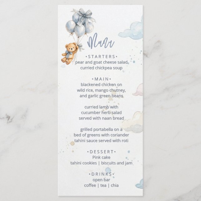 Menu Teddy Bear Blue Balloons Blue Bow Clouds Baby Boy (Devant)