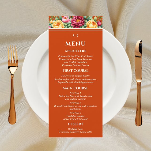 Menu Terracotta Bourgogne Jaune Mariage Floral (Créateur téléchargé)