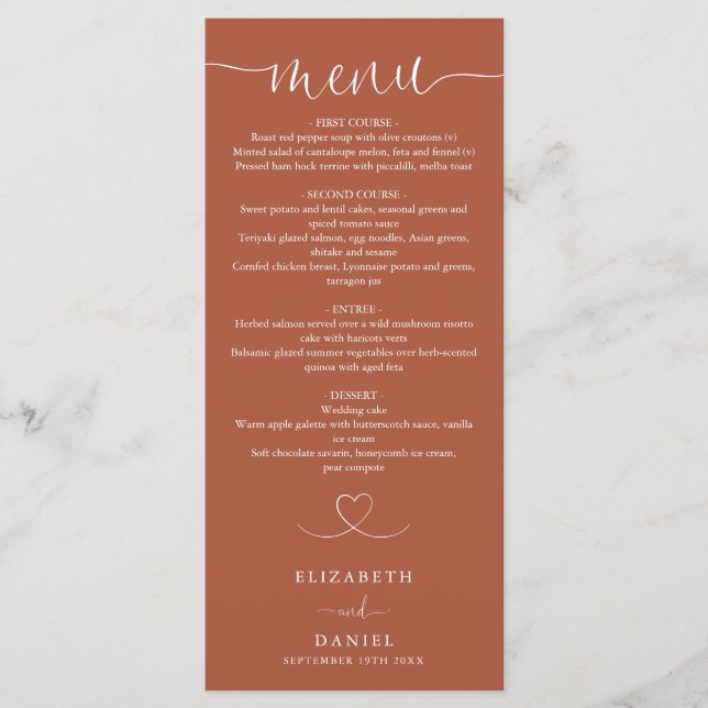 Menu Terracotta Heart Script Dîner Mariage (Devant)