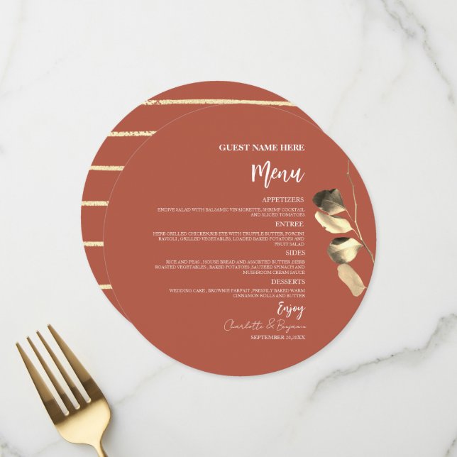 Menu Terracotta Orange Gold Eucalyptus Mariage rond (Devant/Arrière en situation)