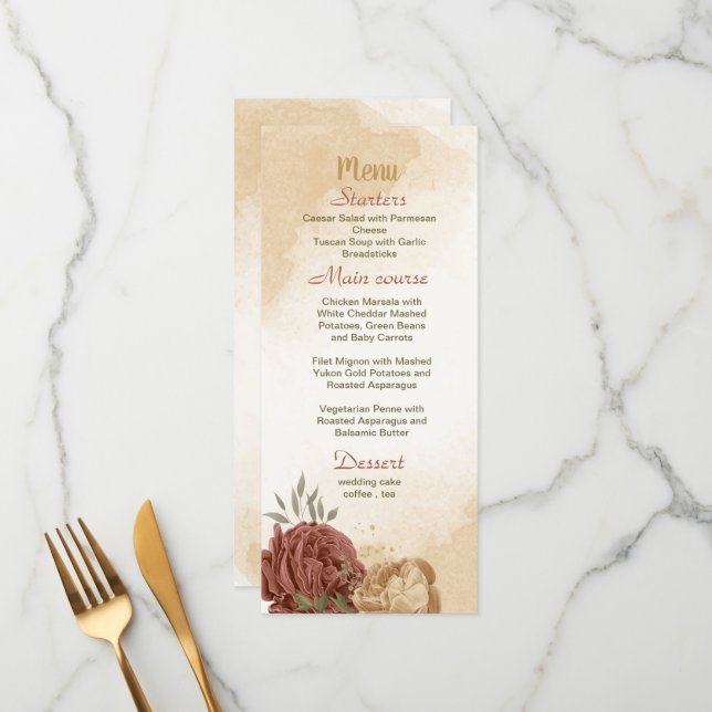 Menu terre cuite tonalité de terre mariage vert fleuri (Devant/Arrière en situation)