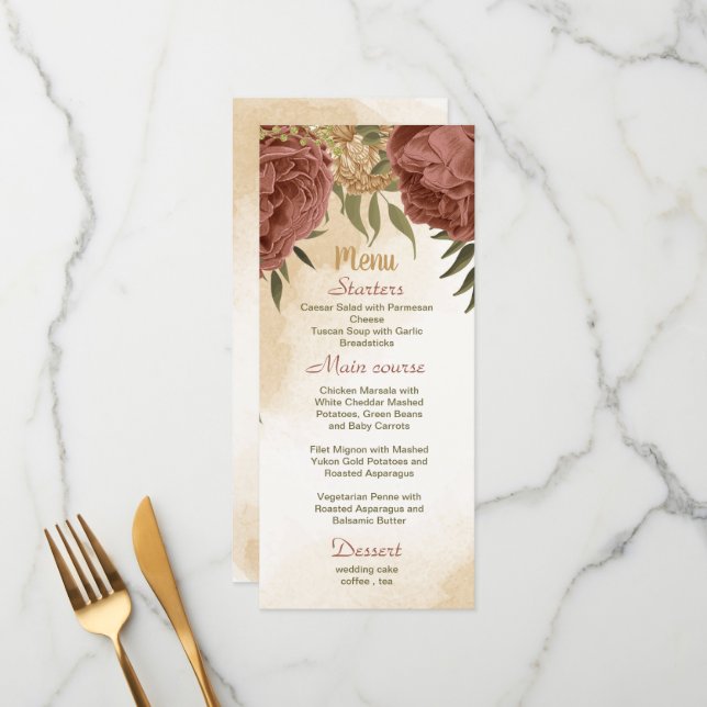 Menu terre cuite tonalité de terre mariage vert fleuri (Devant/Arrière en situation)