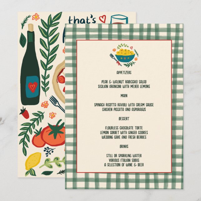 Menu That's Amore Italian Food Love Whimsical CUSTOM (Devant / Derrière)