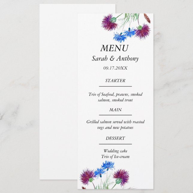 Menu Thistère Ecosse Floral Aquarelle Mariage (Devant / Derrière)