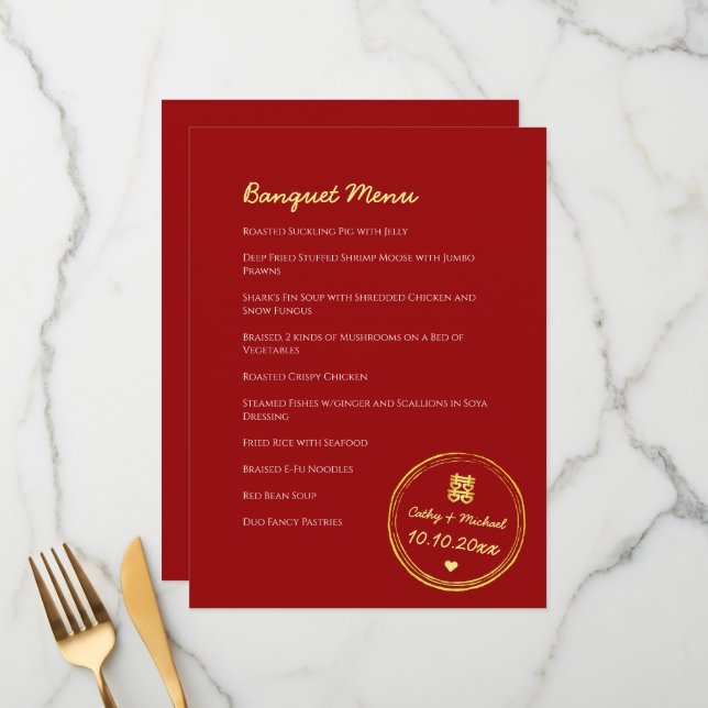 Menu Timbre mariage chinois rouge double bonheur (Devant/Arrière en situation)