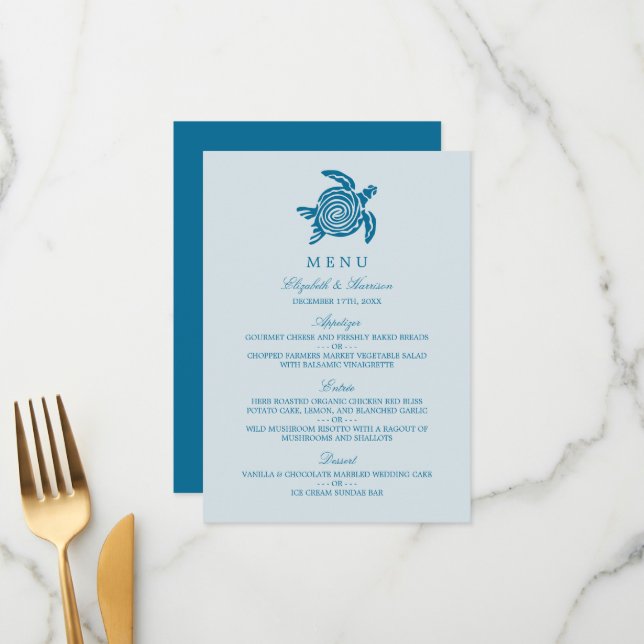 Menu Tortue de mer océanique, mariage sur la plage bleu (Devant/Arrière en situation)