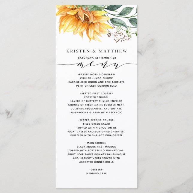 Menu Tournesol Aquarelle Botanique Mariage moderne (Devant)