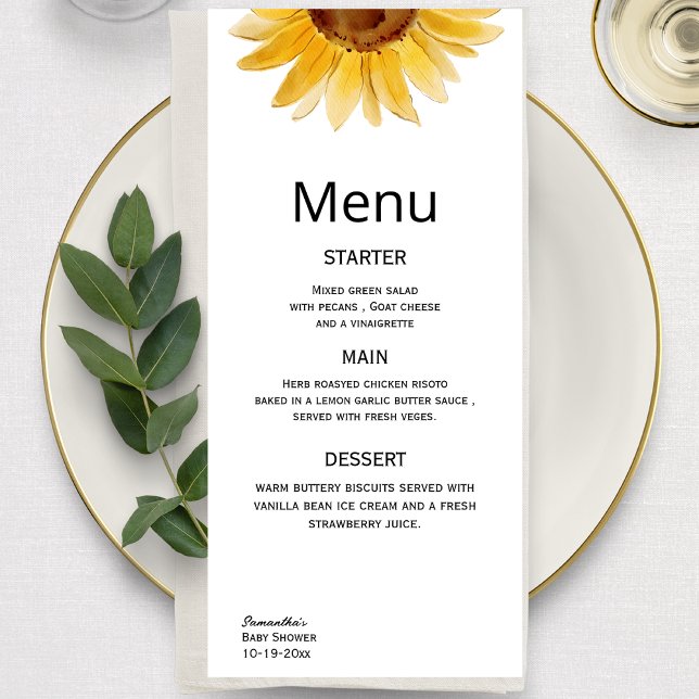 Menu Tournesol d'aquarelle minimaliste (Créateur téléchargé)