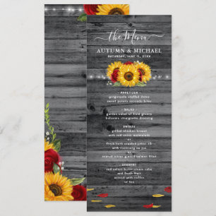 Menu Tournesol en bois rustique et Mariage de rose roug