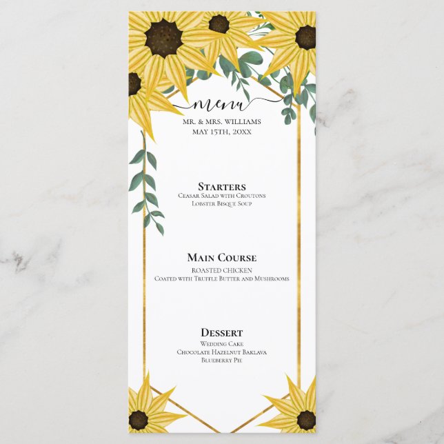 Menu Tournesol Eucalyptus Aquarelle Jaune Floral (Devant)