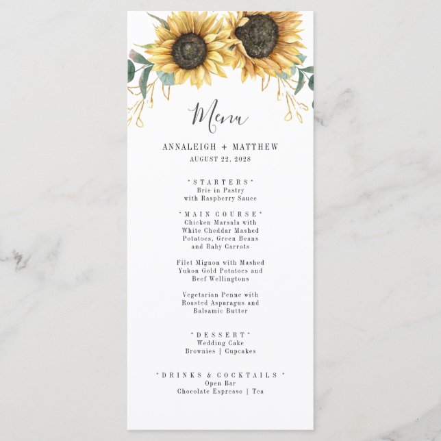 Menu Tournesol Eucalyptus Aquarelle Mariage botanique (Devant)