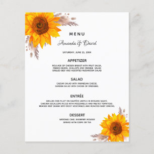 Menu tournesol pampas herbe dîner Mariage