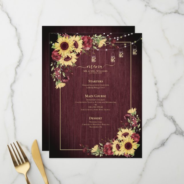 Menu Tournesol rustique Bourgogne Bois Mariage Floral (Devant/Arrière en situation)