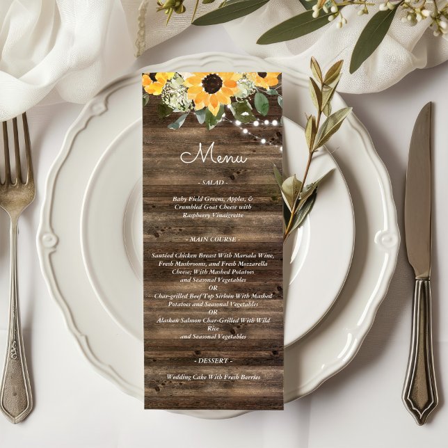 Menu Tournesol Rustique Eucalyptus Mariage en bois (Créateur téléchargé)