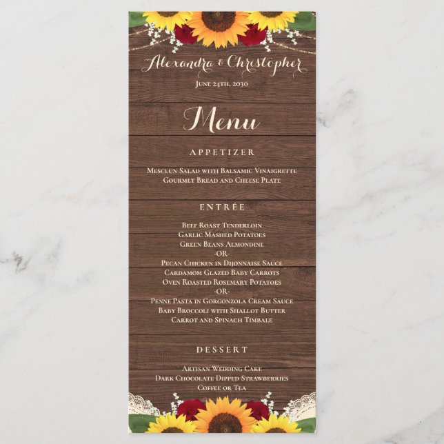 Menu Tournesols Rustiques Bourgogne Rouge Roses Mariage (Devant)