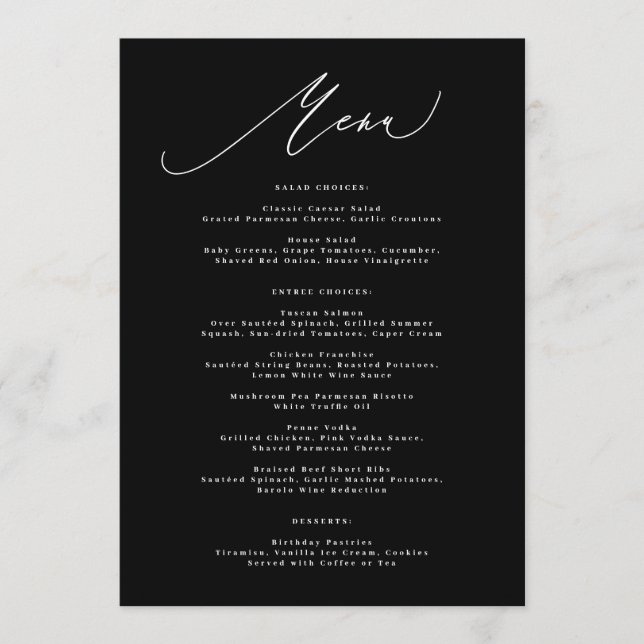 Menu Traditional 5 x 7 Elegant Black White Calligraphy (Devant)