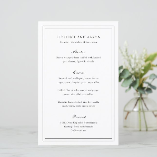 Menu traditionnel Mariage intemporel noir et blanc (Debout devant)