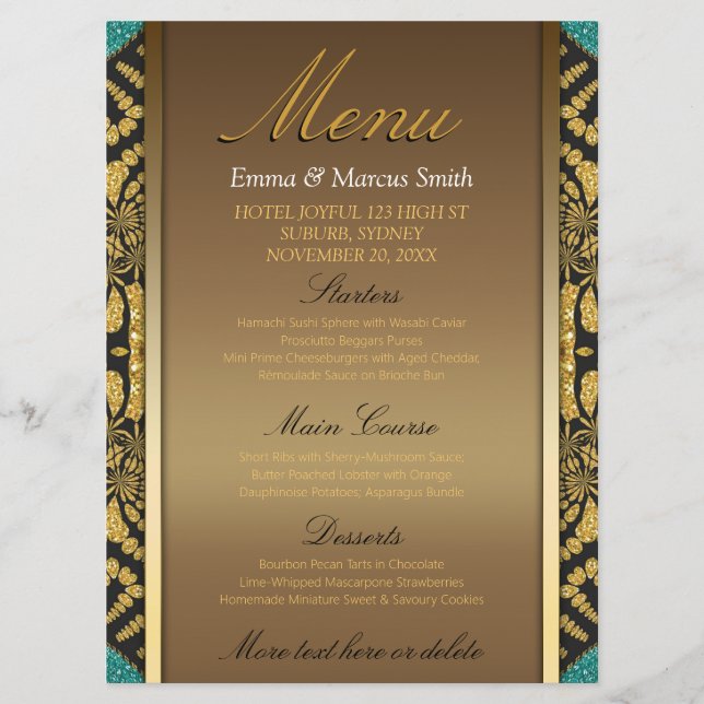 Menu Tribal Batik Style Gold Noir Turquoise Mariage Men (Devant)