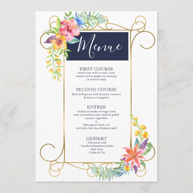 Menu Tropical Cheer Colorful Flowers Gold Frame (Devant)
