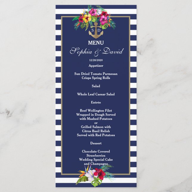 Menü "Tropical Floral Luau Navy Blue Stripes" Menükarte (Vorderseite)