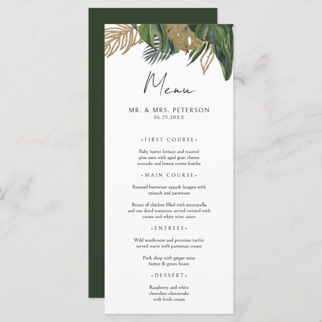 Menu Tropical Greenery Botanical Summer Boho Wedding (Devant / Derrière)