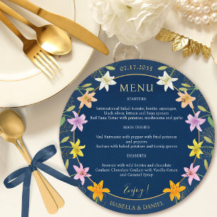 Menu Tropical Lily Blue Turquoise et Gold Round Mariage