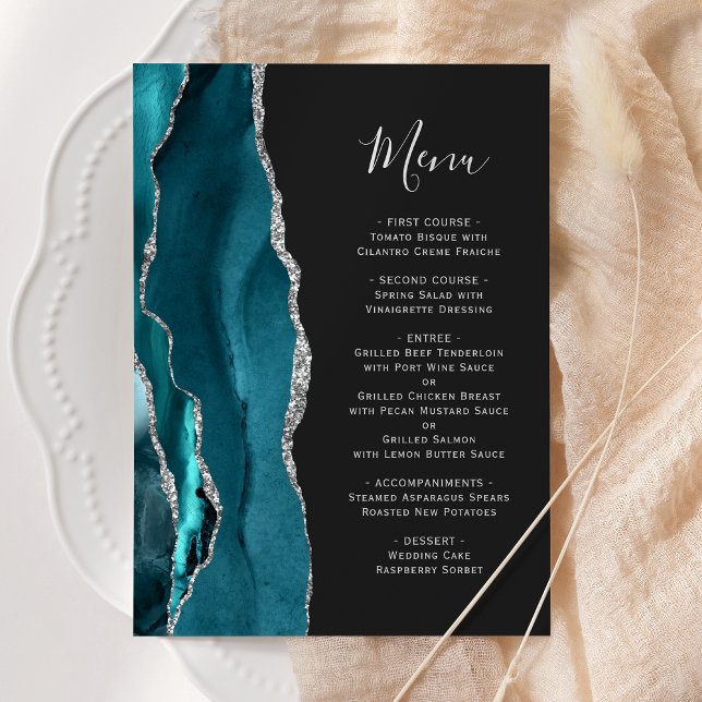 Menu Turquoise bleu argenté Agate Mariage foncé (Créateur téléchargé)