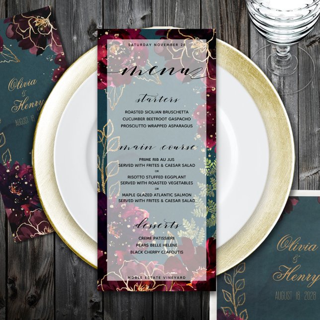 Menu Turquoise Bordeaux Jewel Tones Mariage 2 (Teal Bordeaux Jewel Tones Wedding 2 Menu)
