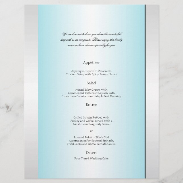 Menu turquoise et blanc Zebra Diamond Mariage (Devant)