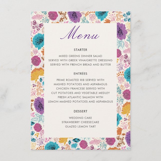 Menu Turquoise Purple Jaune Fleurs de prairie de printe (Devant)