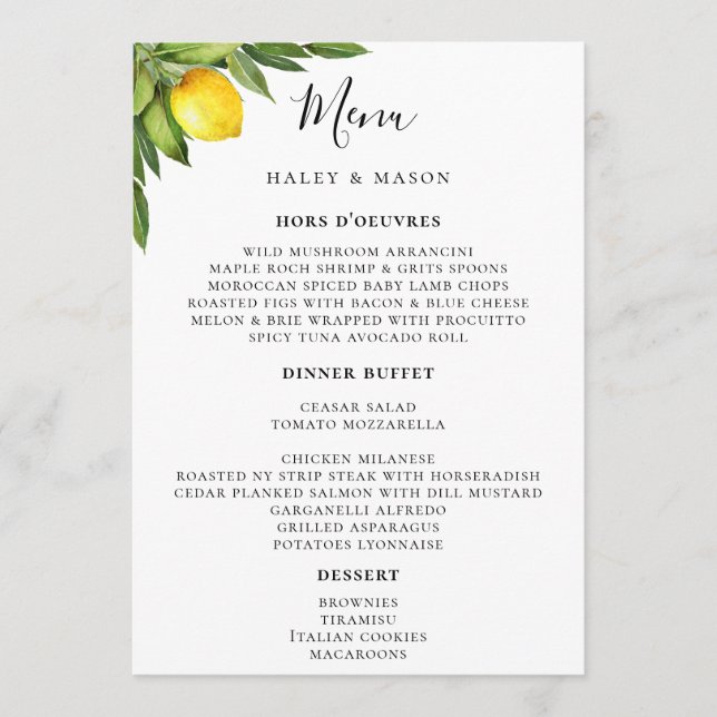 Menu Typographie chic Aquarelle rustique Citron (Devant)