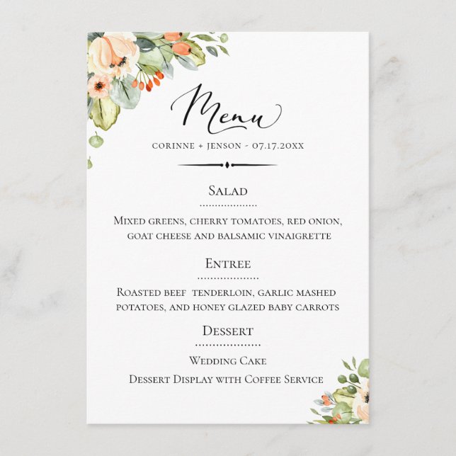 Menu Typographie chic Peach Floral Mariage (Devant)