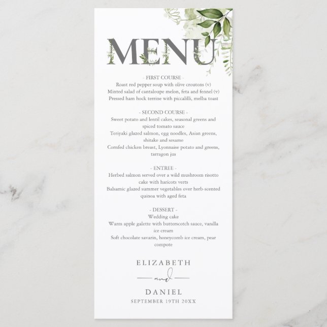 Menu Typographie florale de verdure Monogramme Mariage (Devant)