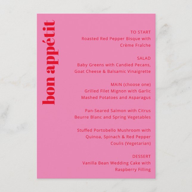 Menu Typographie gras Vibrant rose rouge Mariage modern (Devant)