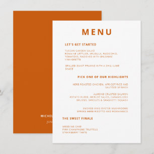 Menu Typographie minimale unique Burnt Orange Mariage
