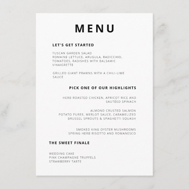 Menu Typographie minimale unique Mariage noir blanc (Devant)